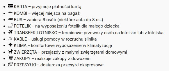 Znajdź taxi - opcje taksówki